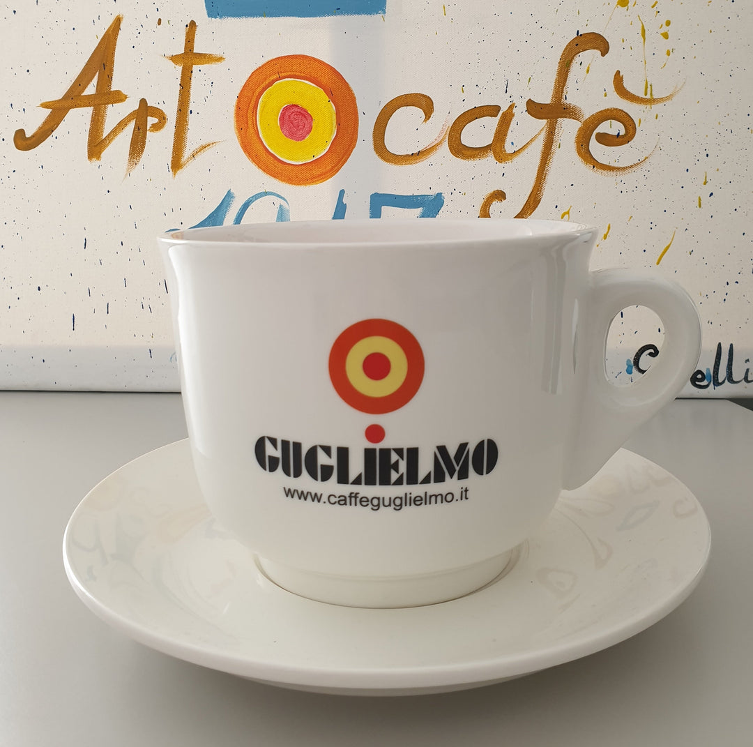 White ceramic coffee mug with saucer