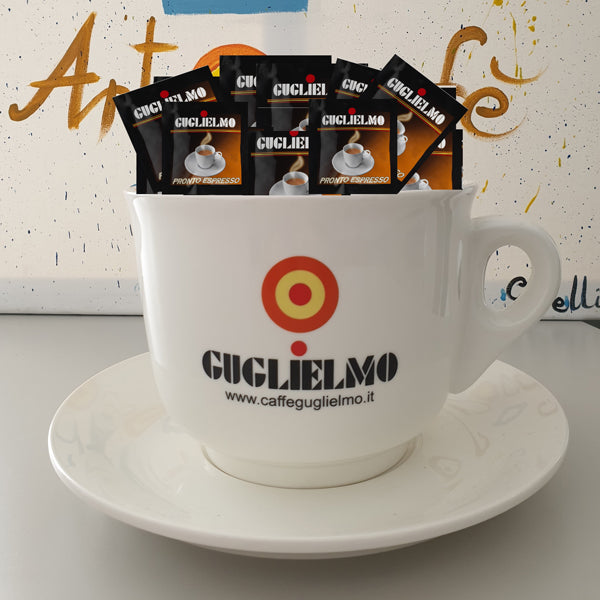 White ceramic coffee mug with saucer
