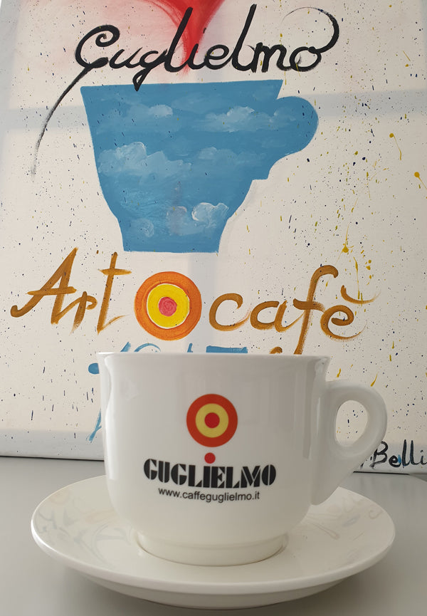 White ceramic coffee mug with saucer