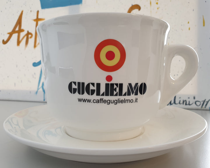 White ceramic coffee mug with saucer