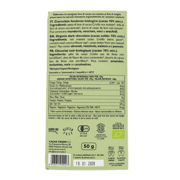 Organic Dark Chocolate 70% Pure 50g - Raw Cacao