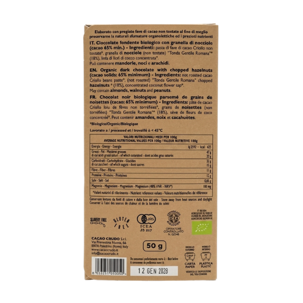 Organic Dark Chocolate 65% Hazelnut Granules 50g - Raw Cacao