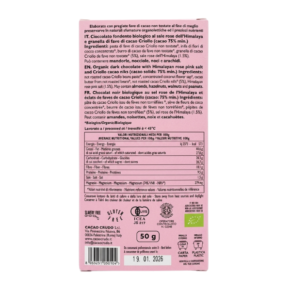 Organic Dark Chocolate 75% Himalayan Pink Salt 50g - Raw Cacao