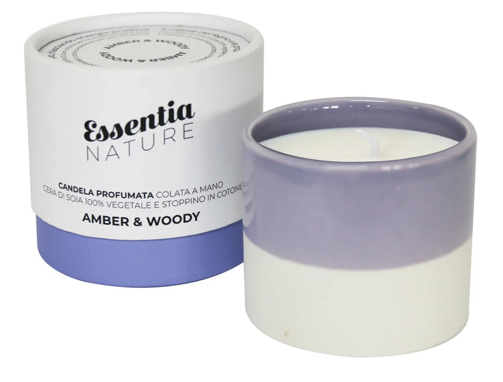 Candela in Ceramica LILLA/BIANCA profumo Amber & Woody